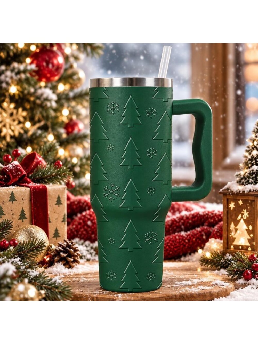 40 Oz Stainless Steel Christmas Tumbler with Lid & Straw - Green Tree